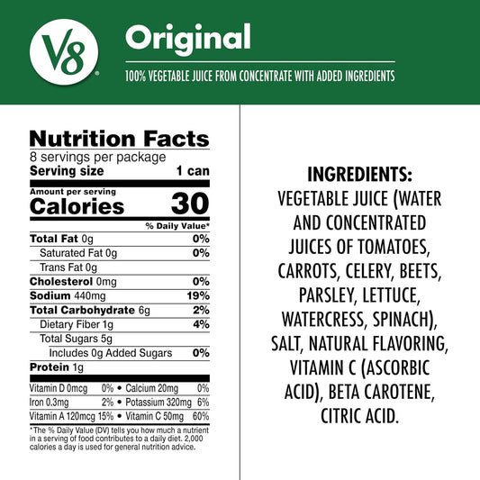 2.5 servings of vegetables and excellent source of vitamins a and c per 11.5 fl oz can